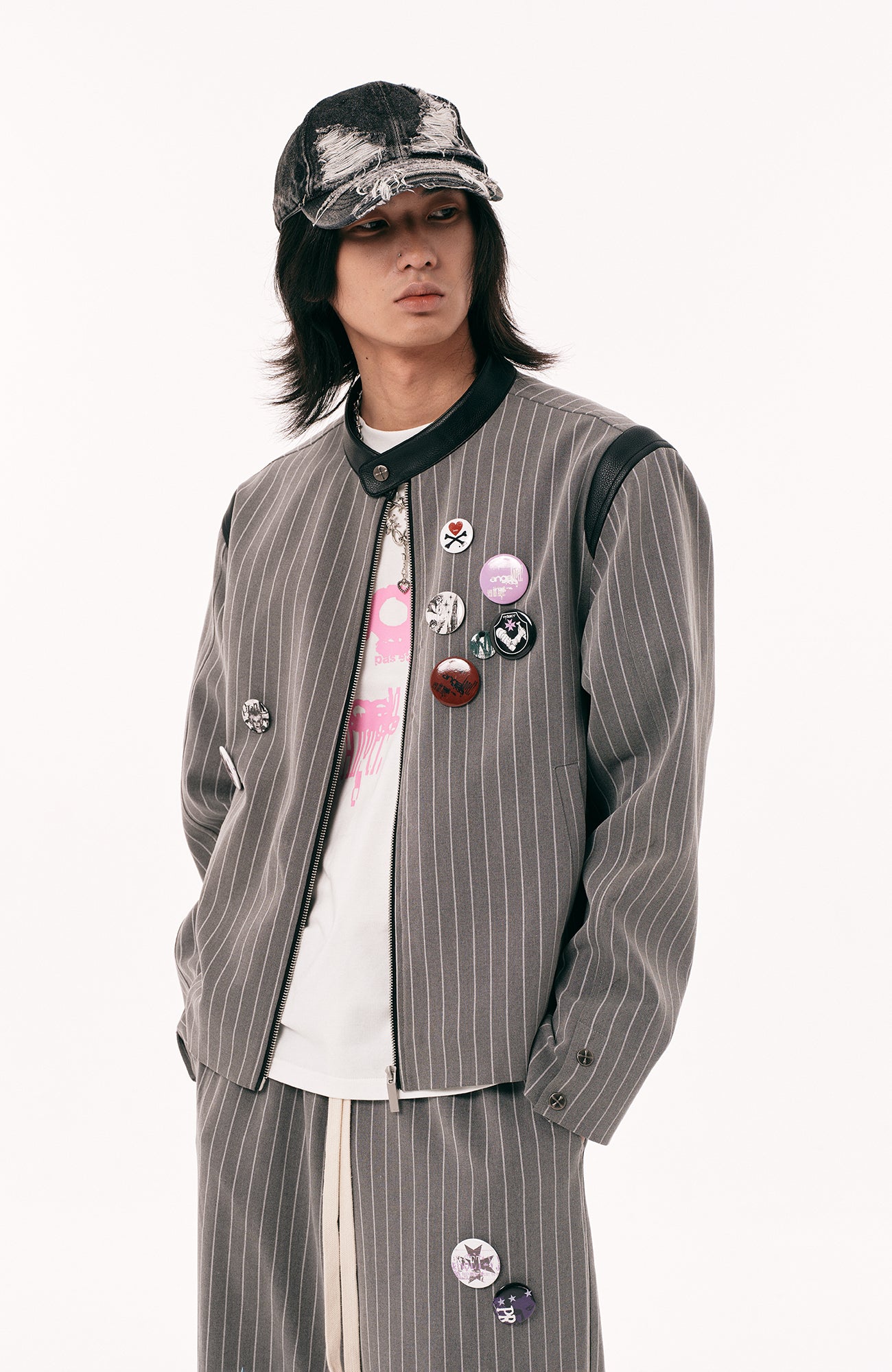 PASET Pinstripe Badge Zip-Up Jacket-Jacket-S-Free Shipping Leatheretro