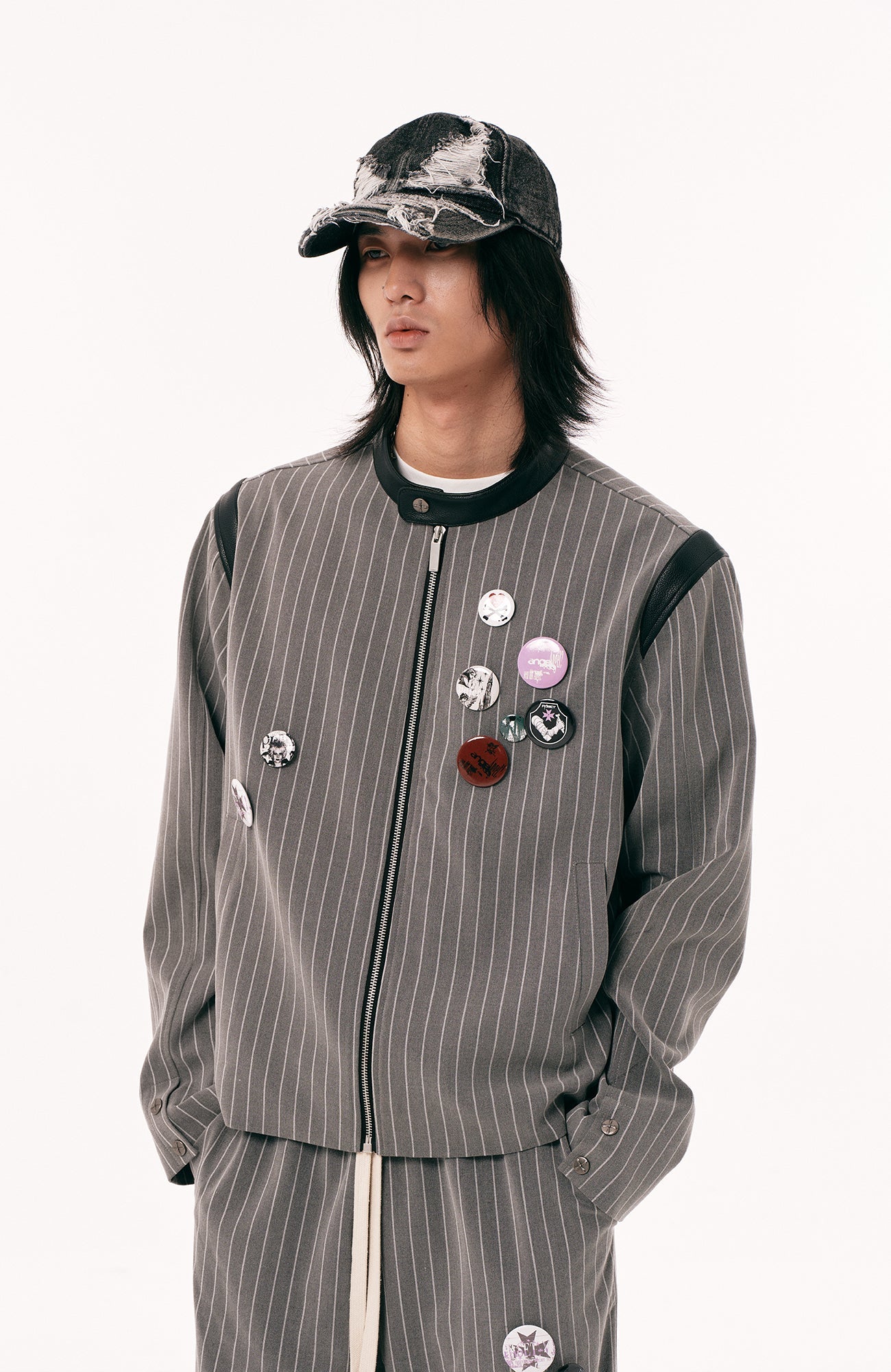 PASET Pinstripe Badge Zip-Up Jacket-Jacket-S-Free Shipping Leatheretro