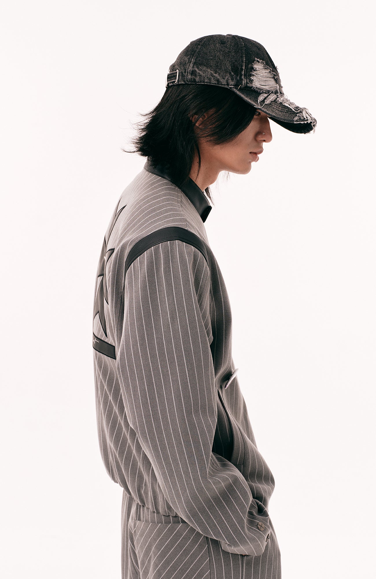 PASET Pinstripe Badge Zip-Up Jacket-Jacket-S-Free Shipping Leatheretro