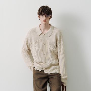 SAME FLOW Floral Embroidery Fringe-Hem Rib Cardigan-Sweater-S (Preorder)-Free Shipping Leatheretro