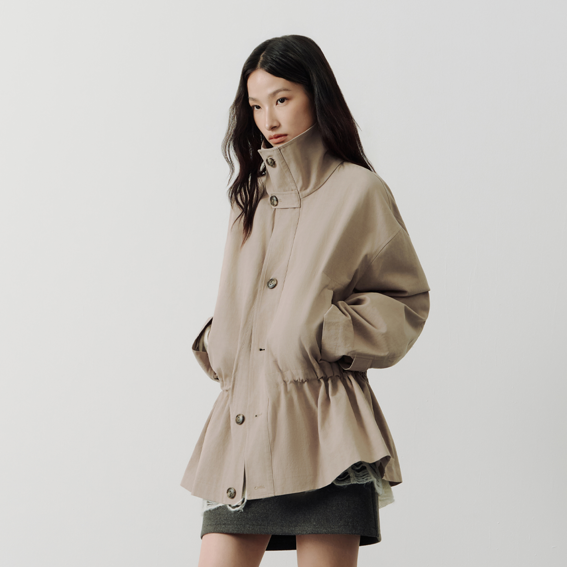 SAME FLOW Stand-Collar Drawstring-Waist Jacket-Jacket-S-Khaki-Free Shipping Leatheretro