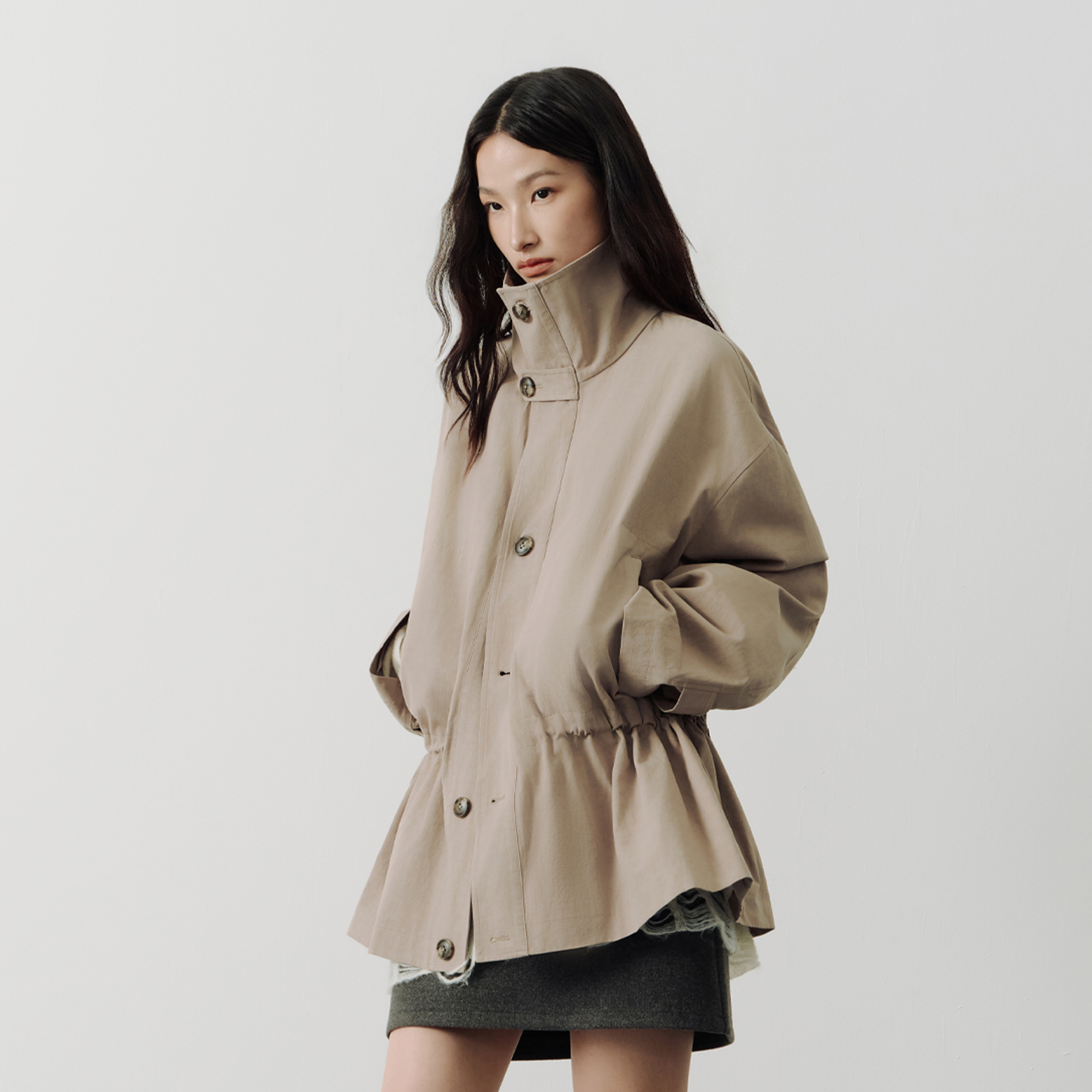 SAME FLOW Stand-Collar Drawstring-Waist Jacket-Jacket-S-Khaki-Free Shipping Leatheretro
