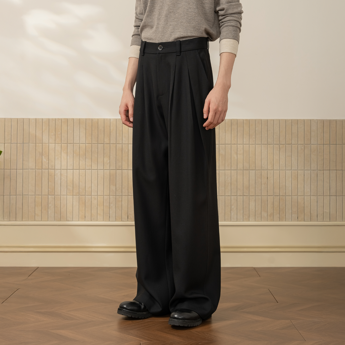 MOITIEDEPETALE Wool-Blended Pleats Trousers-Pants-XS-Coffee-Free Shipping Leatheretro