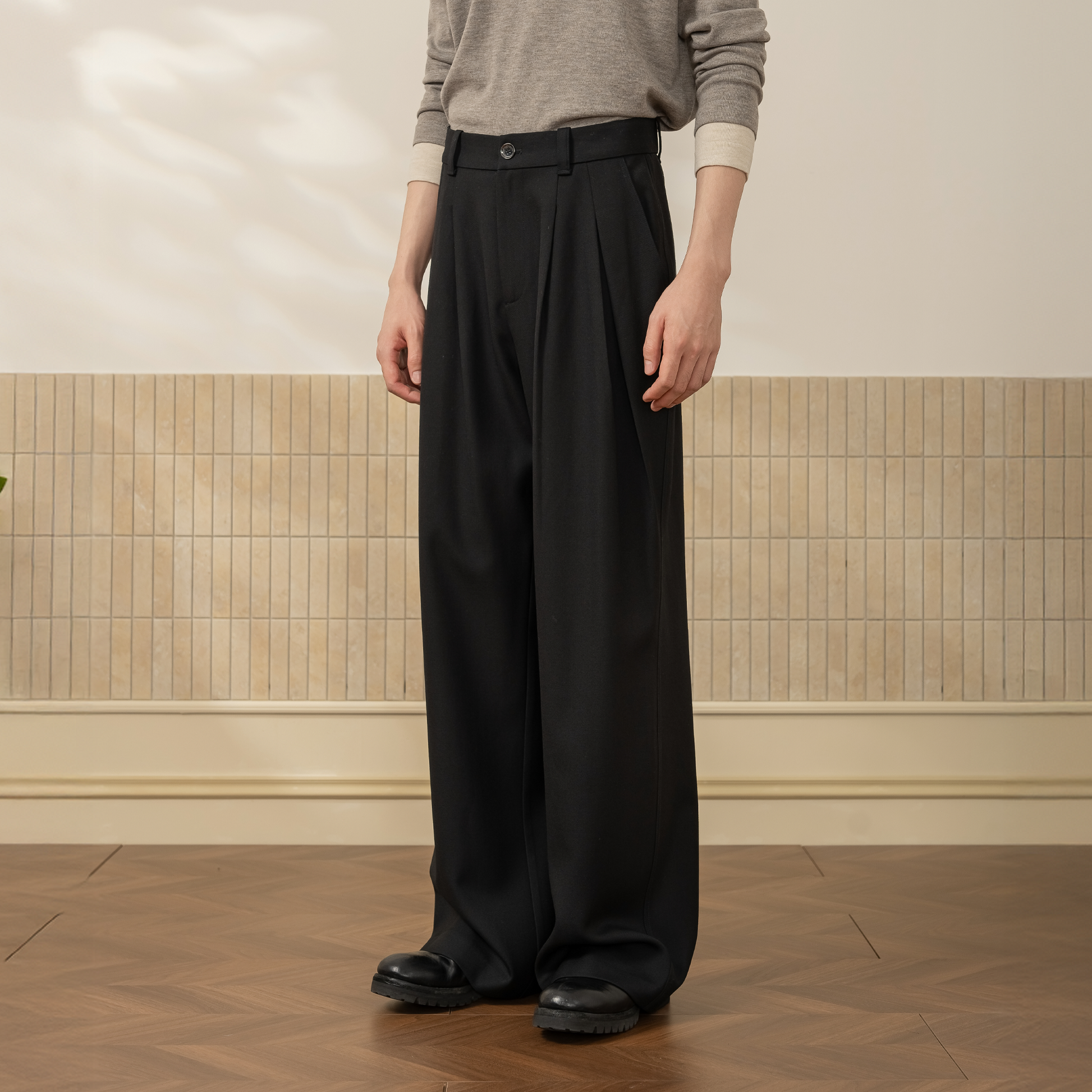 MOITIEDEPETALE Wool-Blended Pleats Trousers-Pants-XS-Black-Free Shipping Leatheretro
