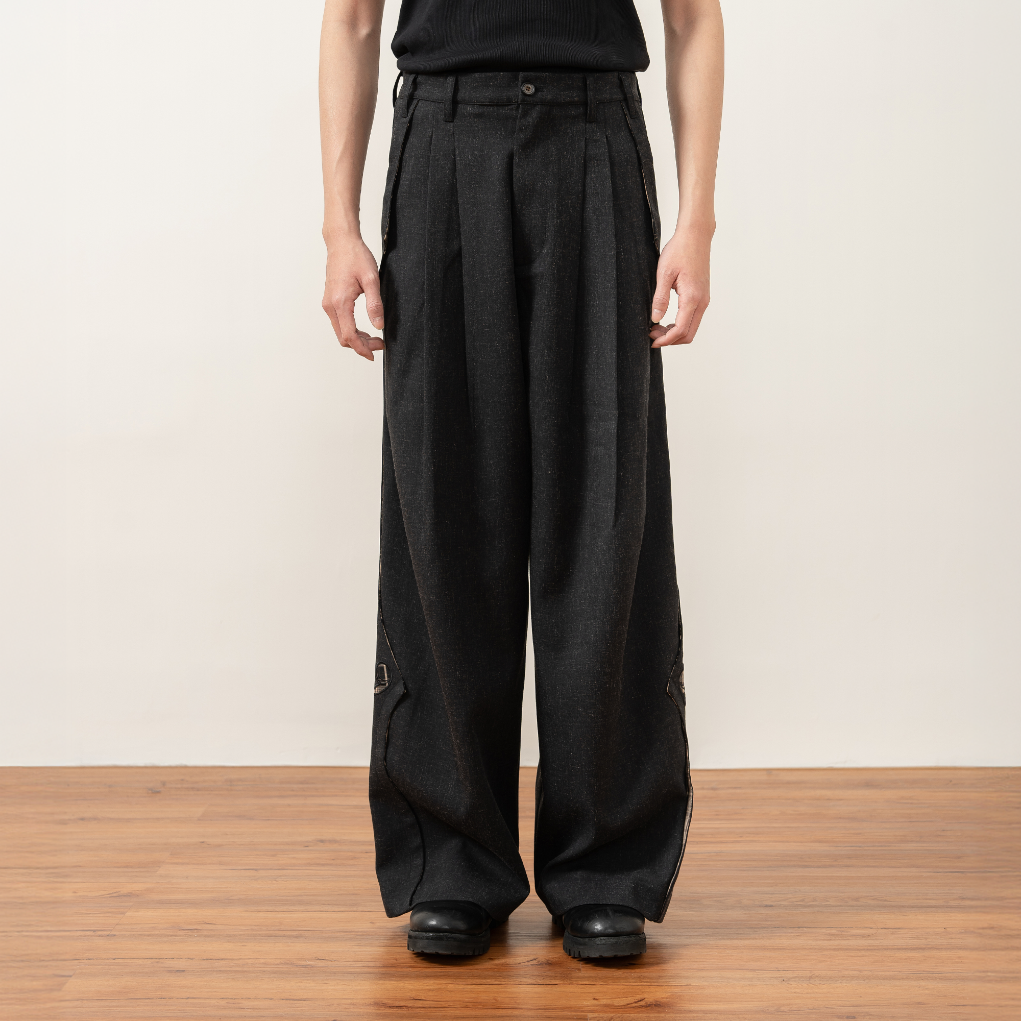 MOITIEDEPETALE Pleats Patch Wide-Leg Trousers-Pants-XS-Free Shipping Leatheretro