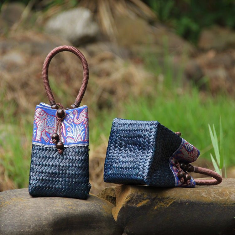 Handwoven Straw Tote Bag Mini Beach Bag for Vacation, Summer, and Resort Wear-Handbags-C011 coffee red-Free Shipping Leatheretro