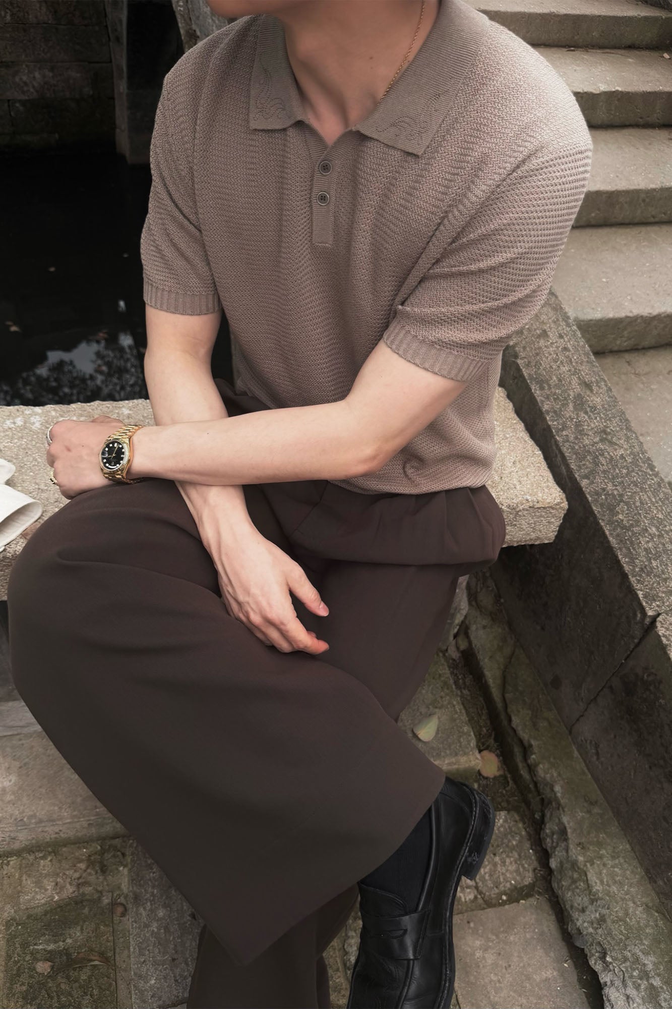 CATSSTAC Linen-Blend Knitted Polo Tee-Shirt-M-Beige-Free Shipping Leatheretro