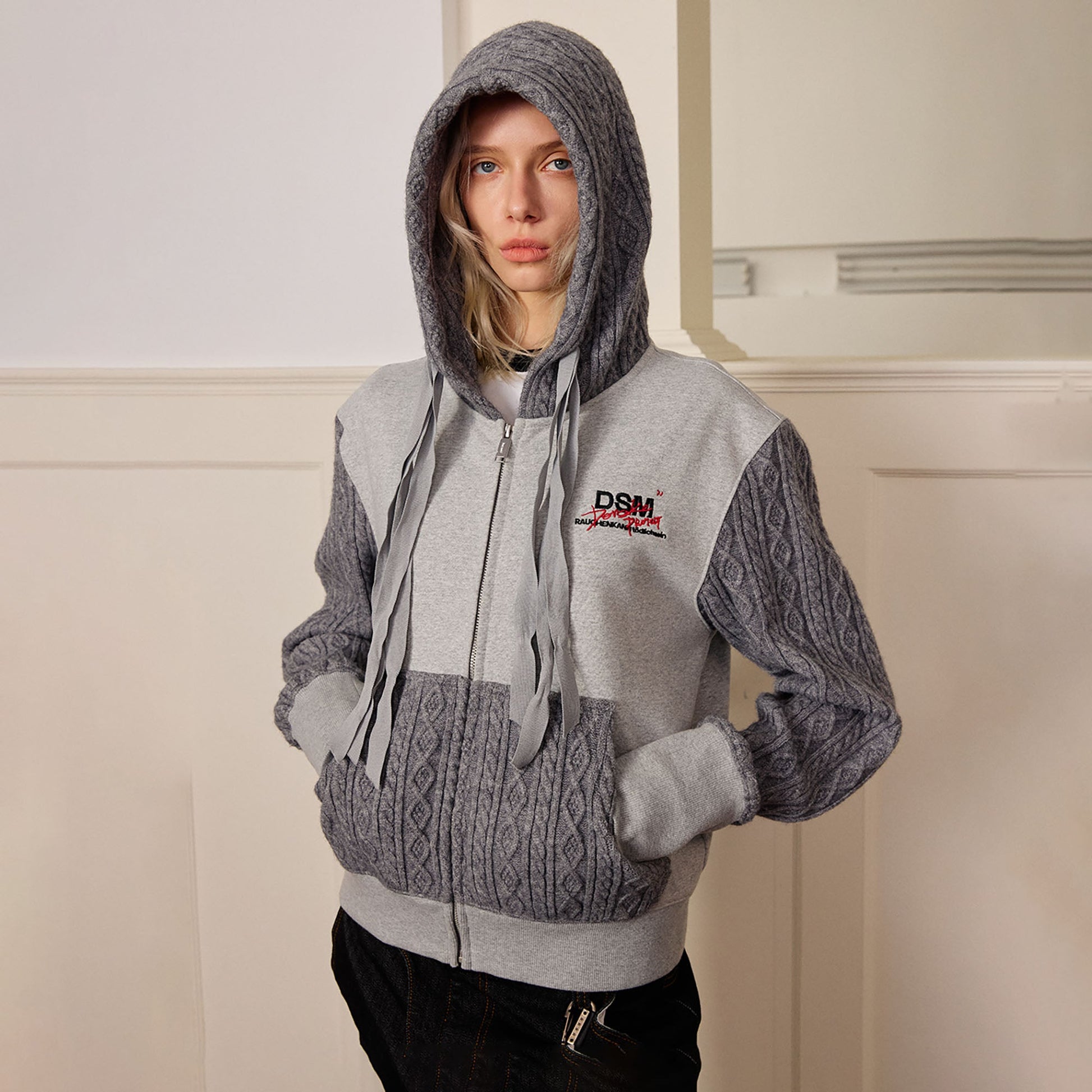 DONSMOKE Spliced Cable-Knit Zip-Up Hoodie-Hoodie-S-Gray-Free Shipping Leatheretro