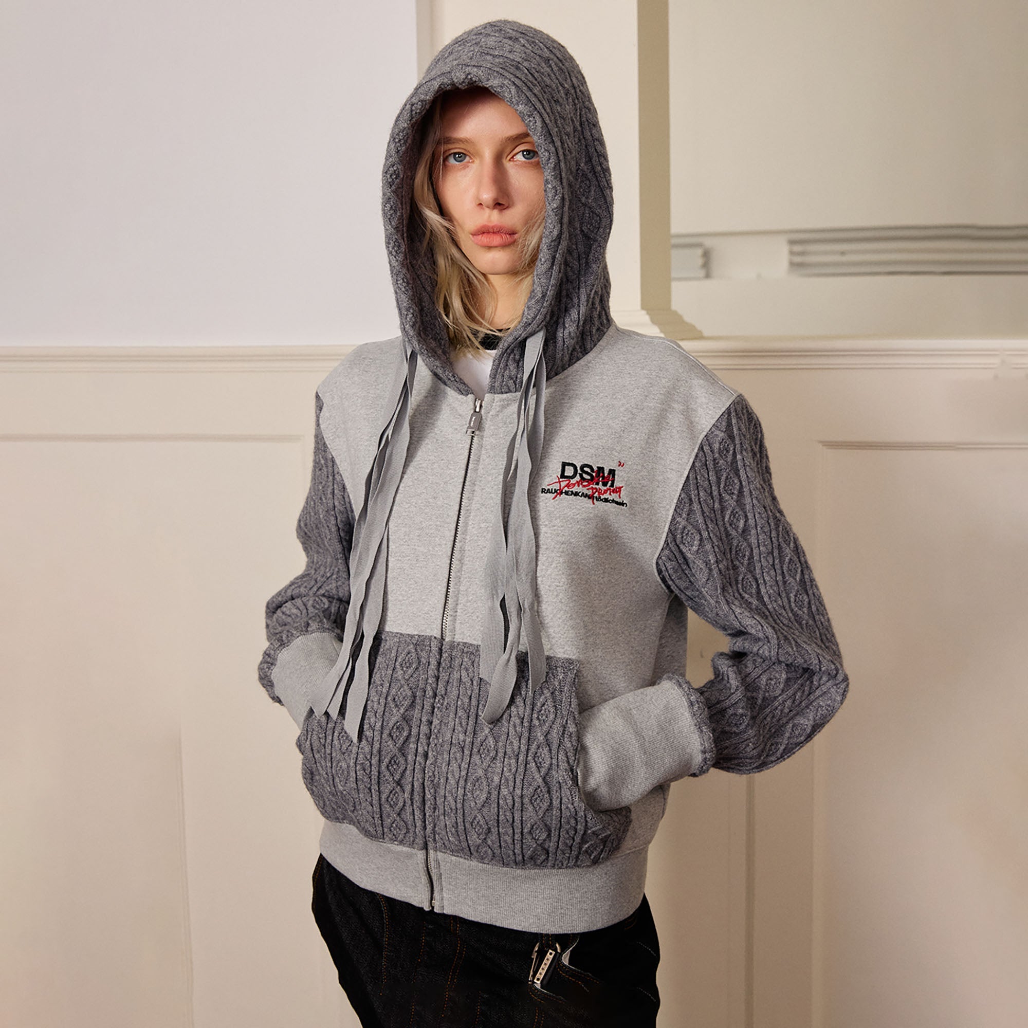 DONSMOKE Spliced Cable-Knit Zip-Up Hoodie-Hoodie-S-Gray-Free Shipping Leatheretro