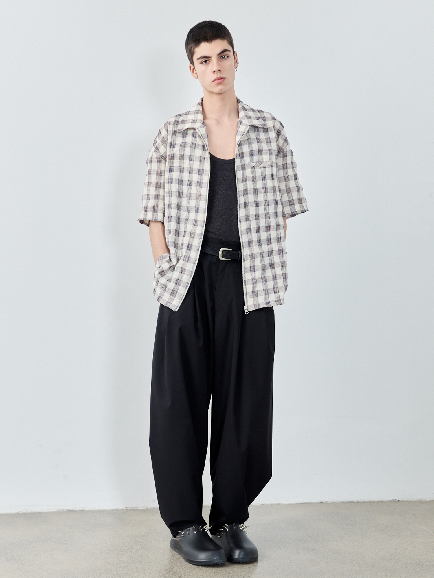 GRAINMUSTARD Retro Plaid Zip Half Shirt-Half shirt-XS-Free Shipping Leatheretro