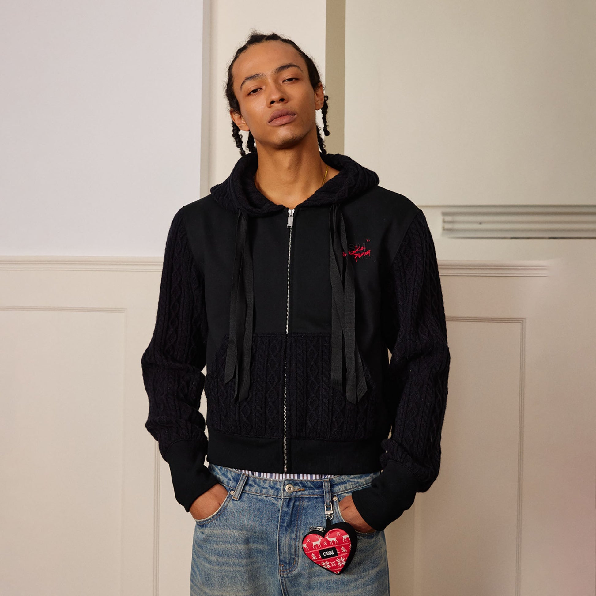 DONSMOKE Spliced Cable-Knit Zip-Up Hoodie-Hoodie-S-Black-Free Shipping Leatheretro