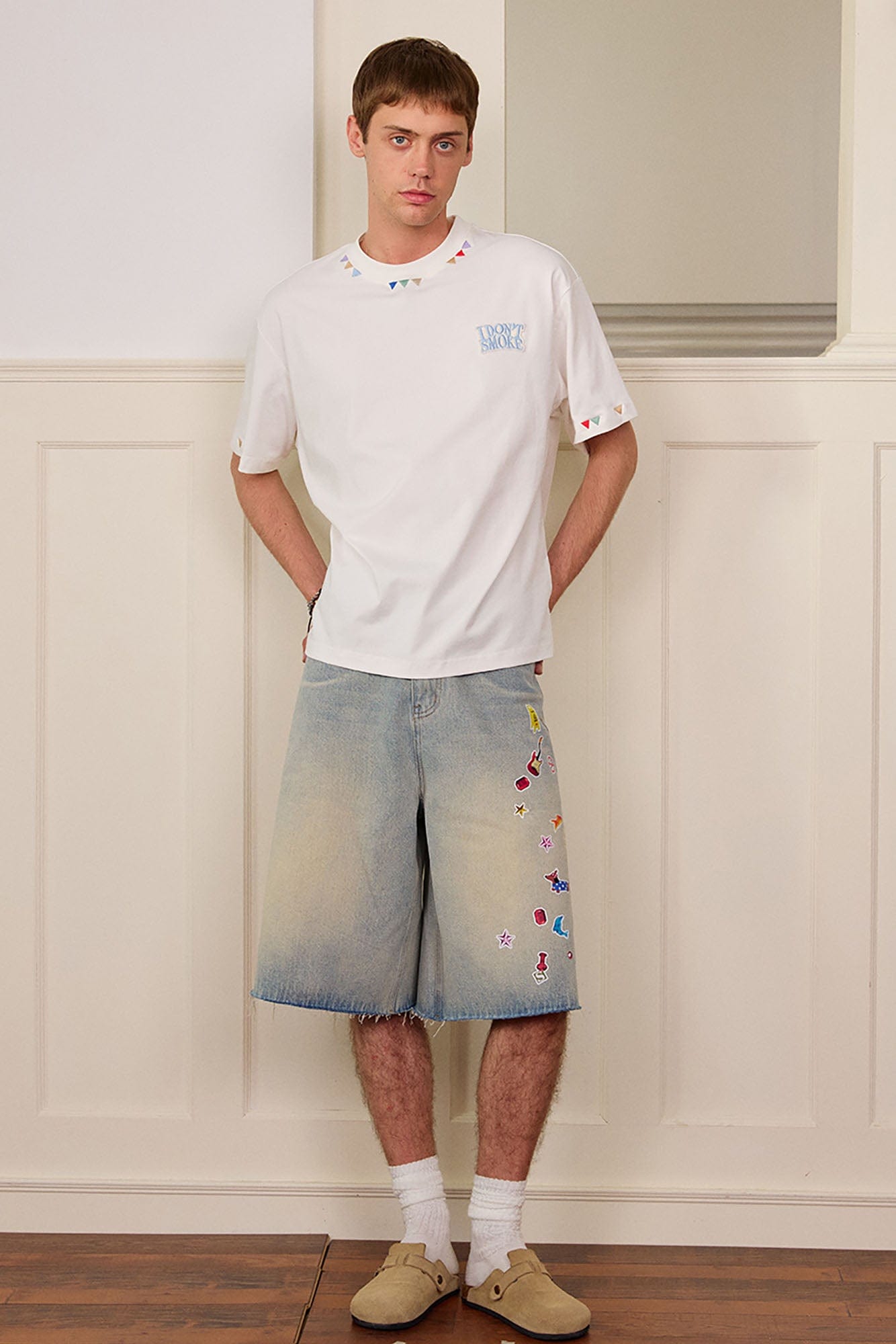 DONSMOKE Whimsical Stickers Washed Raw-Edge Shorts-Shorts-S-Blue-Free Shipping Leatheretro