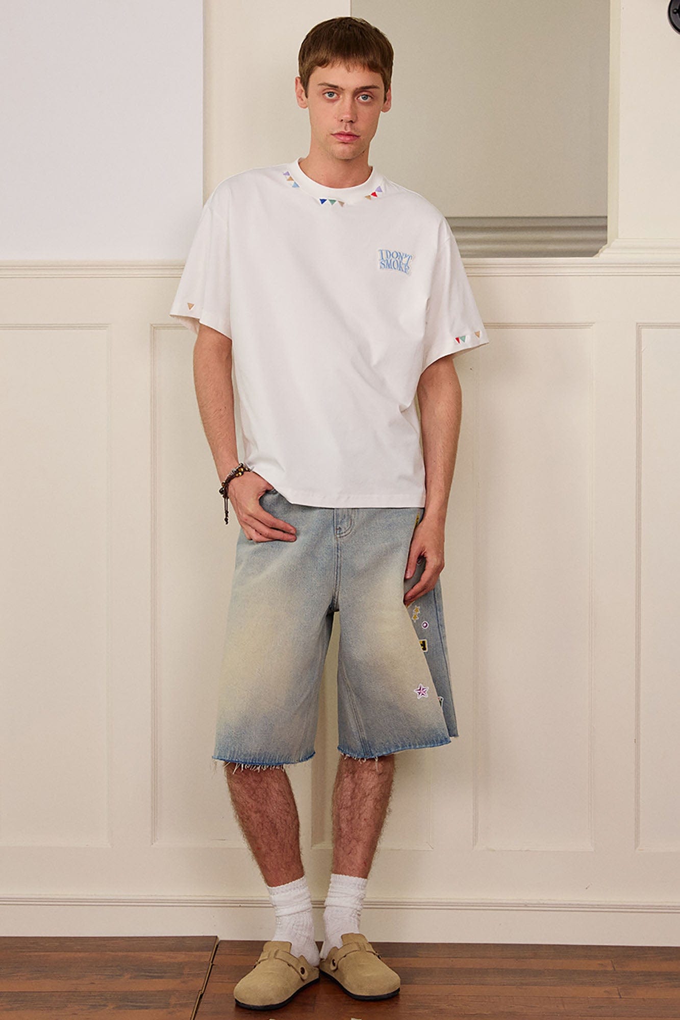 DONSMOKE Whimsical Stickers Washed Raw-Edge Shorts-Shorts-S-Blue-Free Shipping Leatheretro