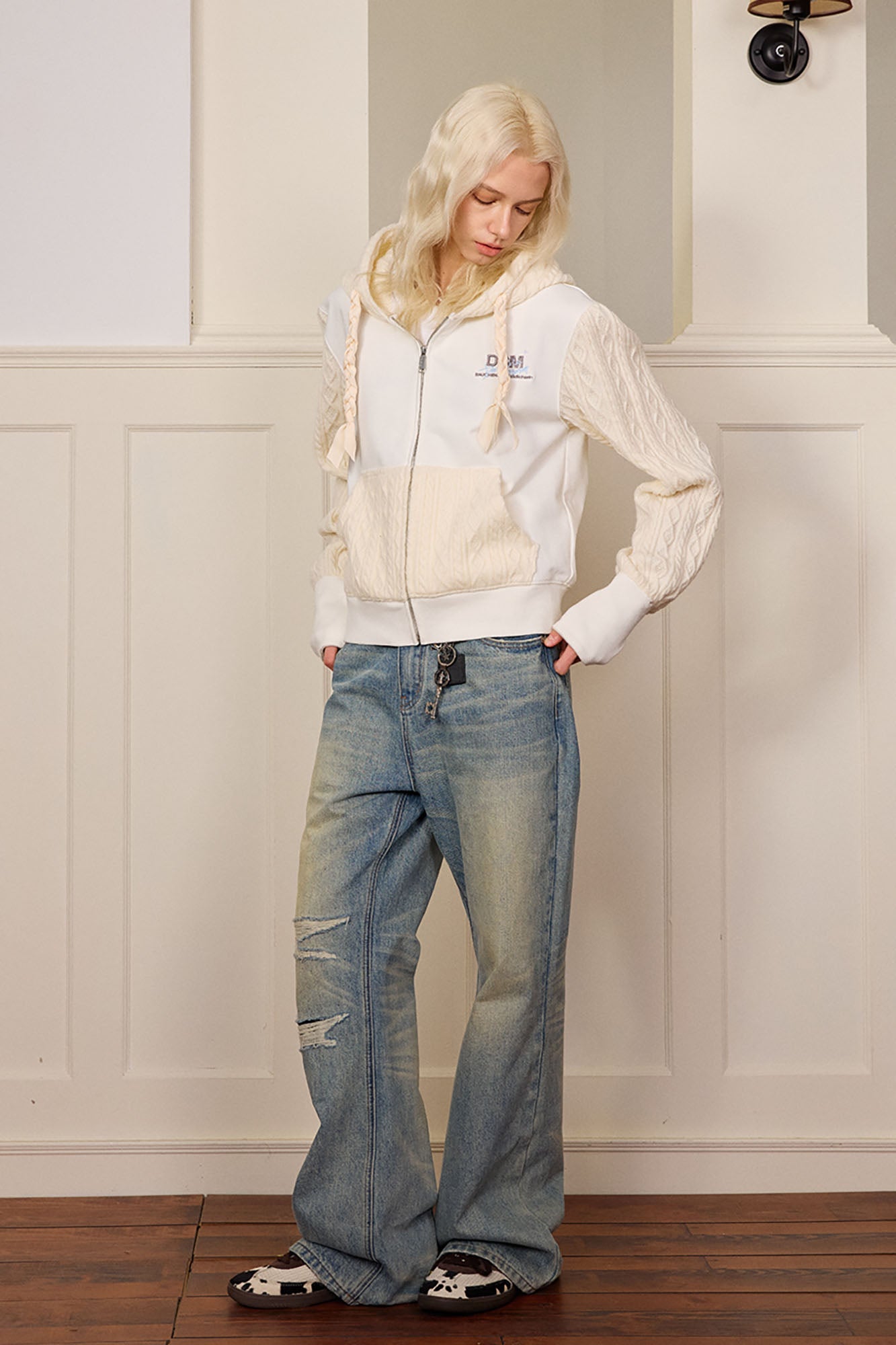 DONSMOKE Spliced Cable-Knit Zip-Up Hoodie-Hoodie-S-Black-Free Shipping Leatheretro