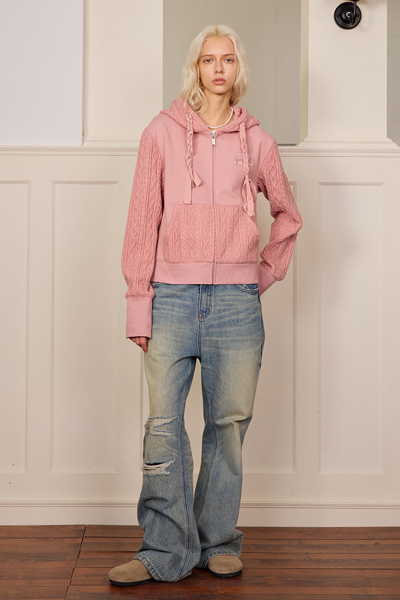 DONSMOKE Spliced Cable-Knit Zip-Up Hoodie-Hoodie-S-Black-Free Shipping Leatheretro