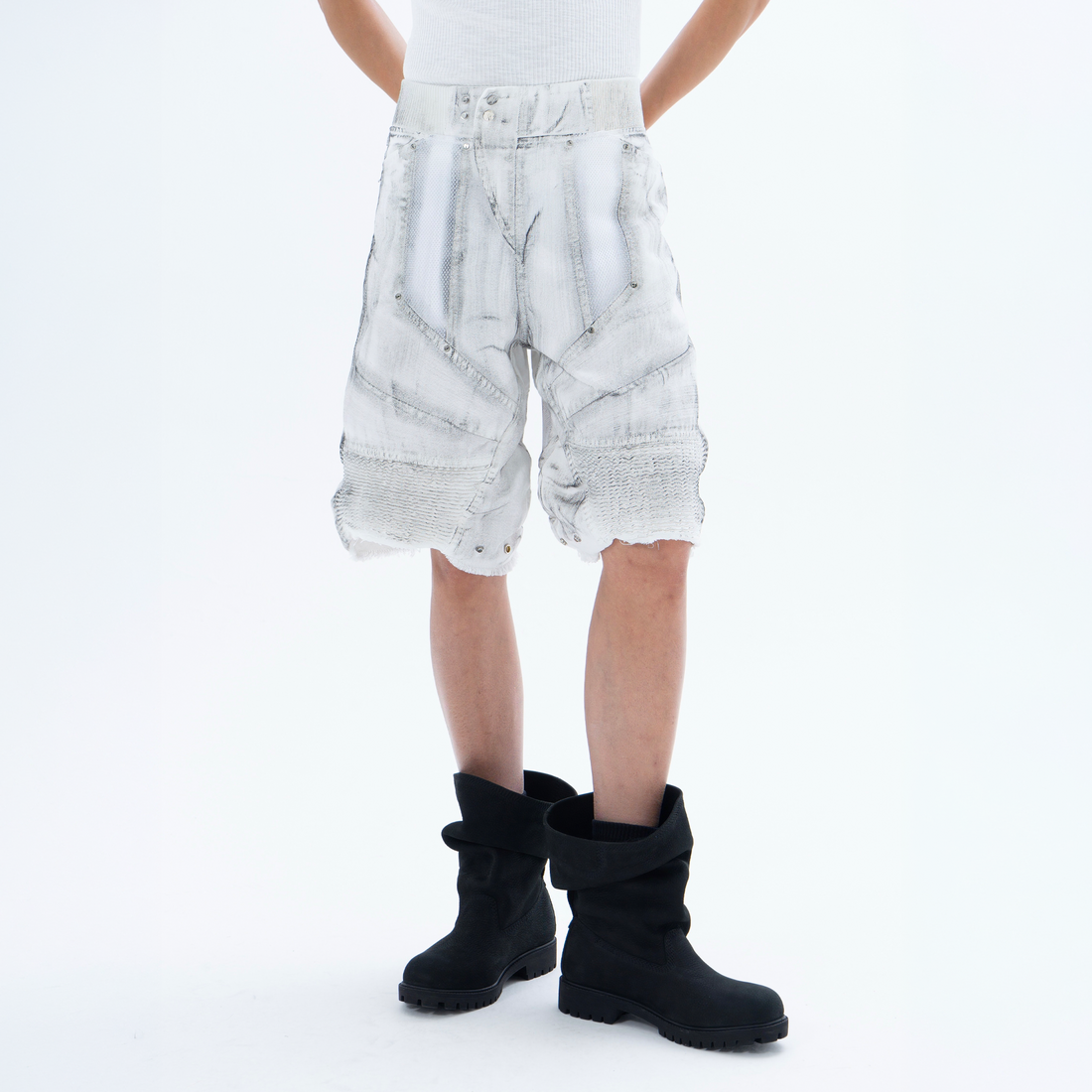 CLP Ribbed Paneled Wide-Leg Denim Shorts-Shorts-M / 27"-Black-Free Shipping Leatheretro