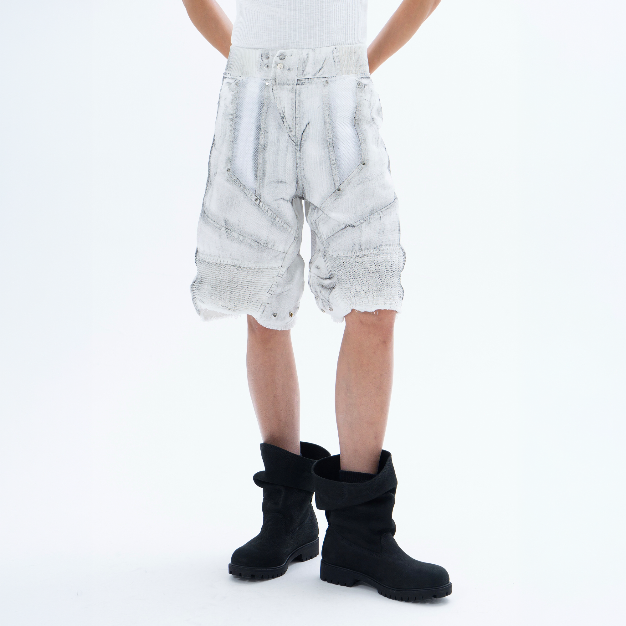 CLP Ribbed Paneled Wide-Leg Denim Shorts-Shorts-M / 27"-White-Free Shipping Leatheretro