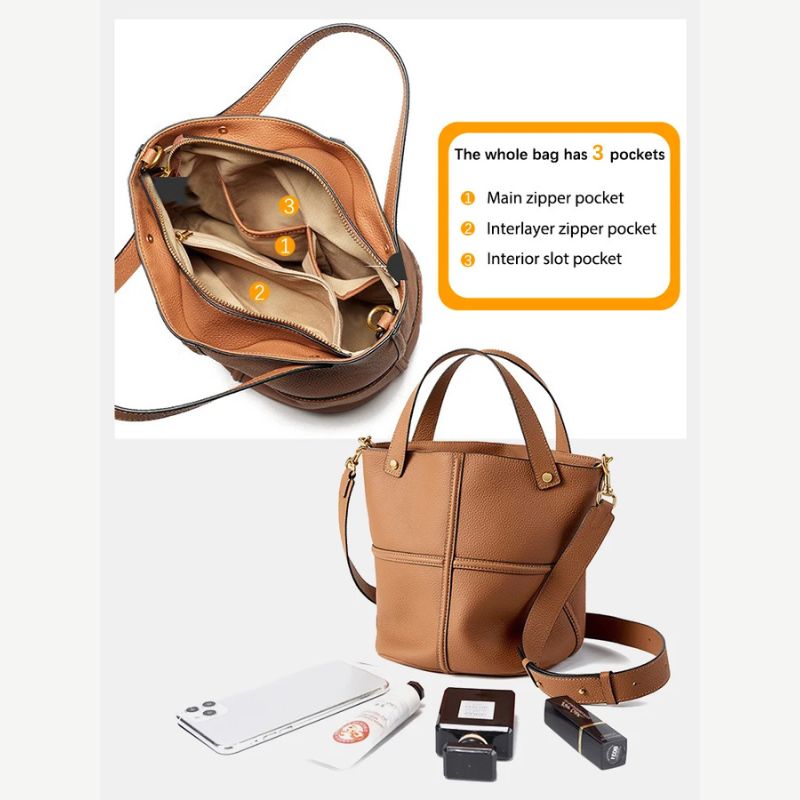 Genuine Leather Large Capacity Bucket Shoulder Bag-Handbags-Brown-Free Shipping Leatheretro