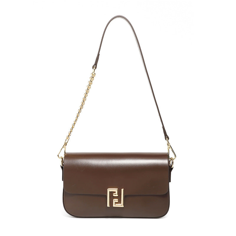Genuine Leather Chain Flap Shoulder Bag - Cowhide Leather Lock Clasp Purse-Shoulder Bag-Coffee-Free Shipping Leatheretro