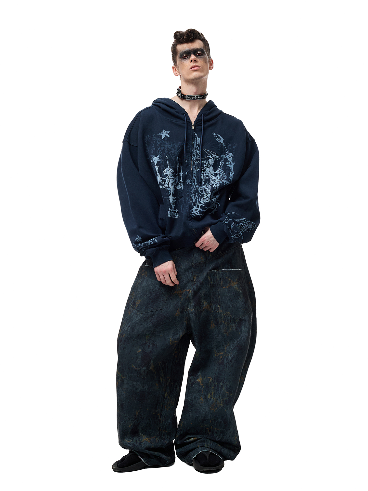 CYCYCY Washed Mottled Flame Graphic Denim Pants-Pants-XXS / 27"-Free Shipping Leatheretro