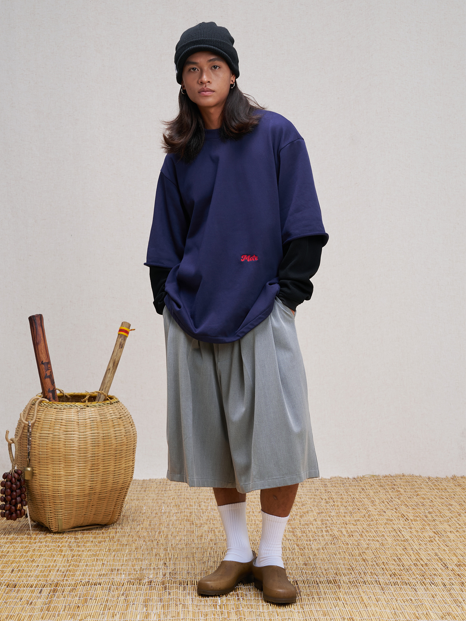 UNLIMITED MOTE Waffle Sleeve Layered Drawstring Hem Sweatshirt-Sweatshirt-XS-Dark Blue-Free Shipping Leatheretro