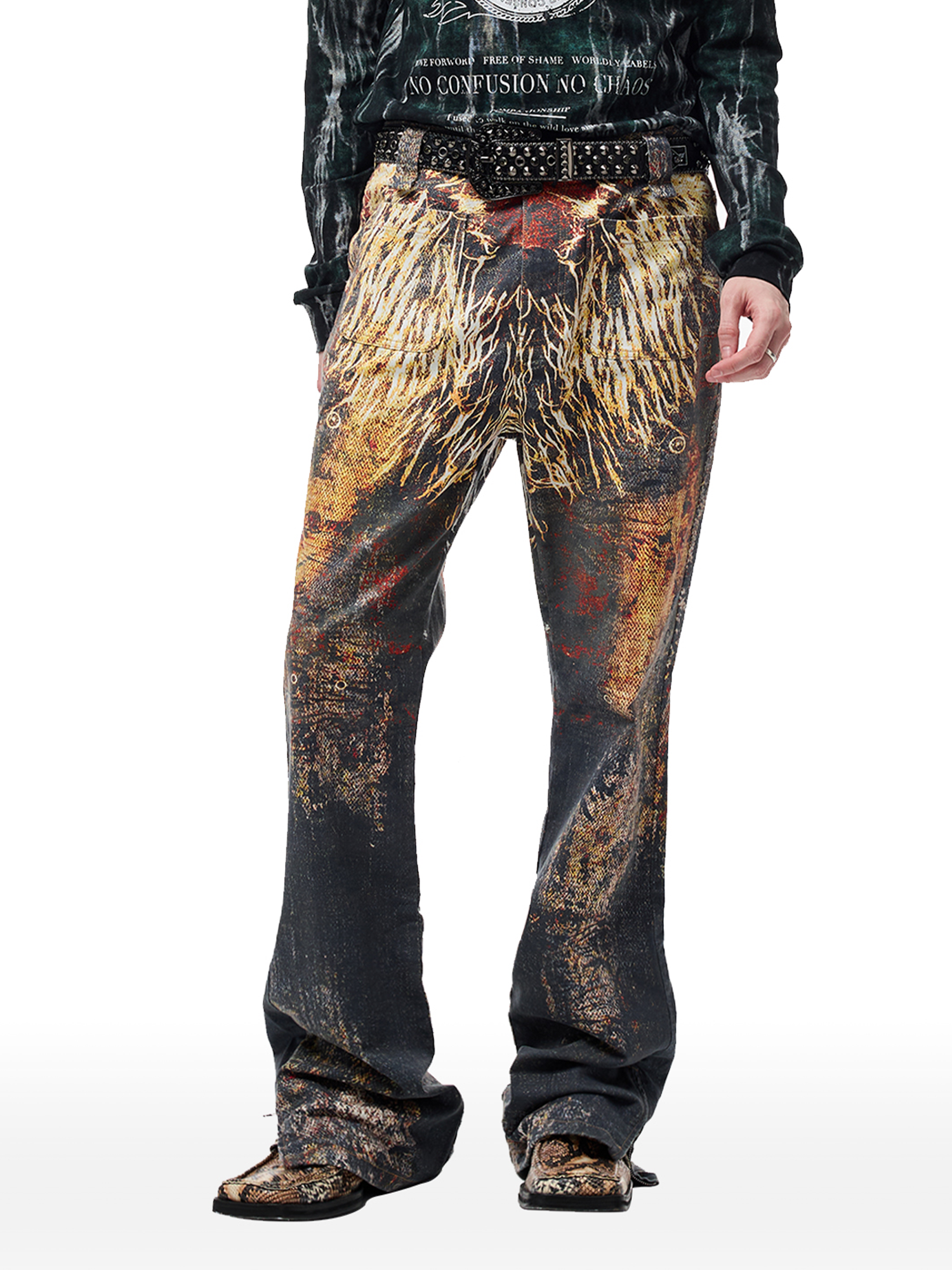 CYCYCY Feather Full-Print Slim Flared Jeans-Jeans-XXS / 27"-Free Shipping Leatheretro