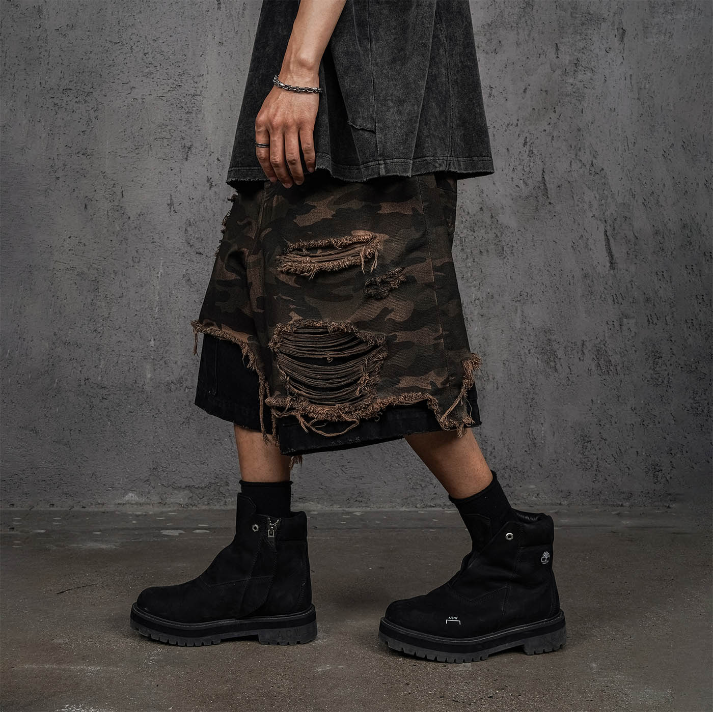 UNDERWATER Double-Layered Ripped Black Shorts Camo-Shorts-S-Free Shipping Leatheretro