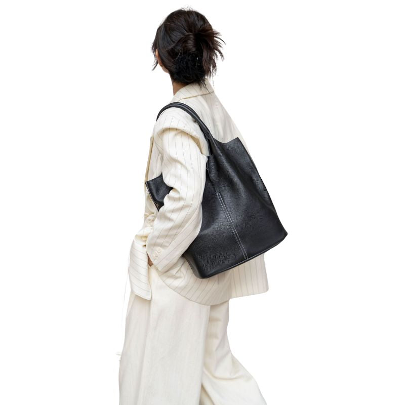 Real Leather Shopper Tote Bag-Tote Bag-Khaki-Free Shipping Leatheretro