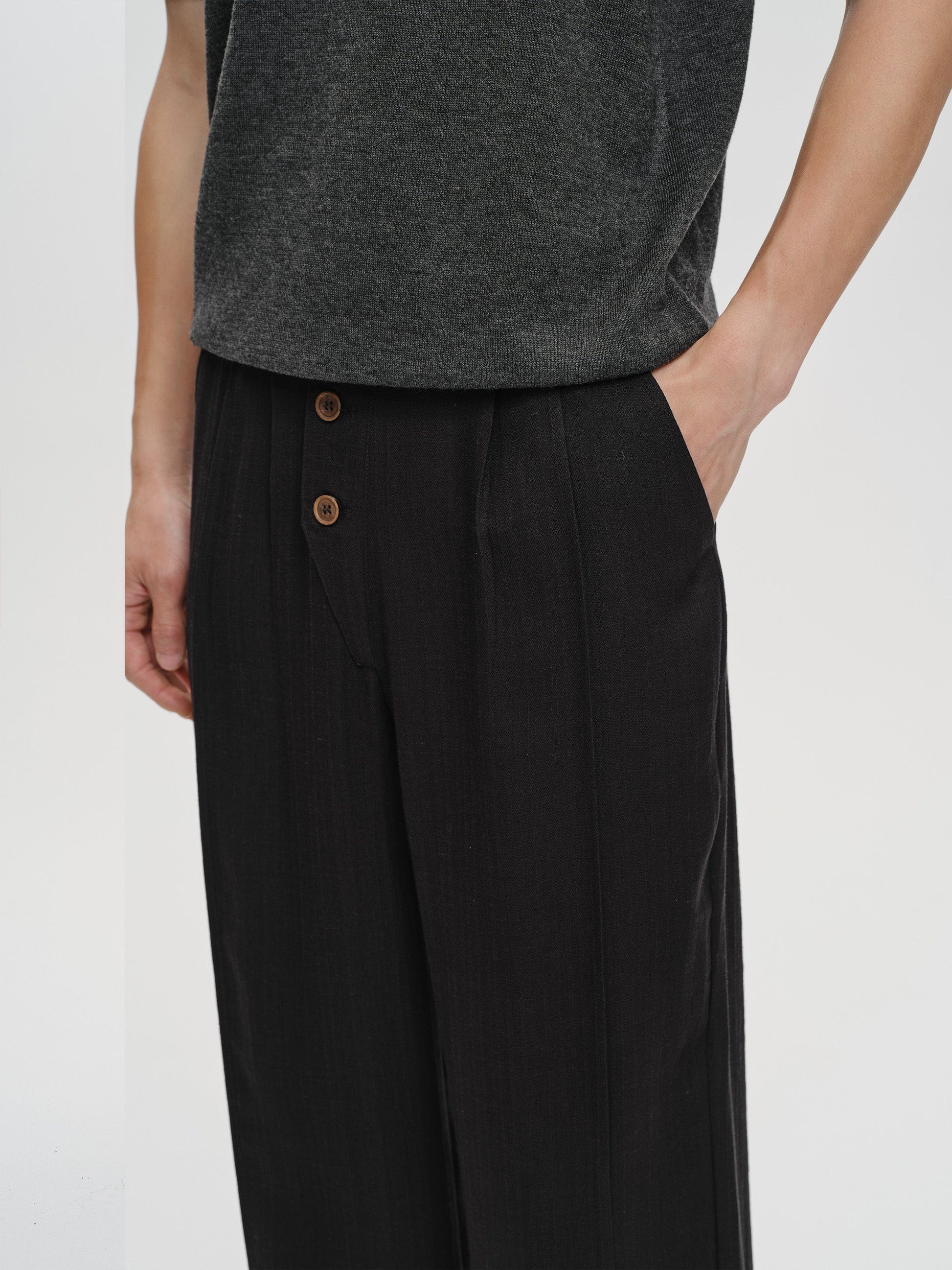 CATSSTAC Linen-Tencel Pleated Straight-Leg Trousers-Pants-Black-M-Free Shipping Leatheretro