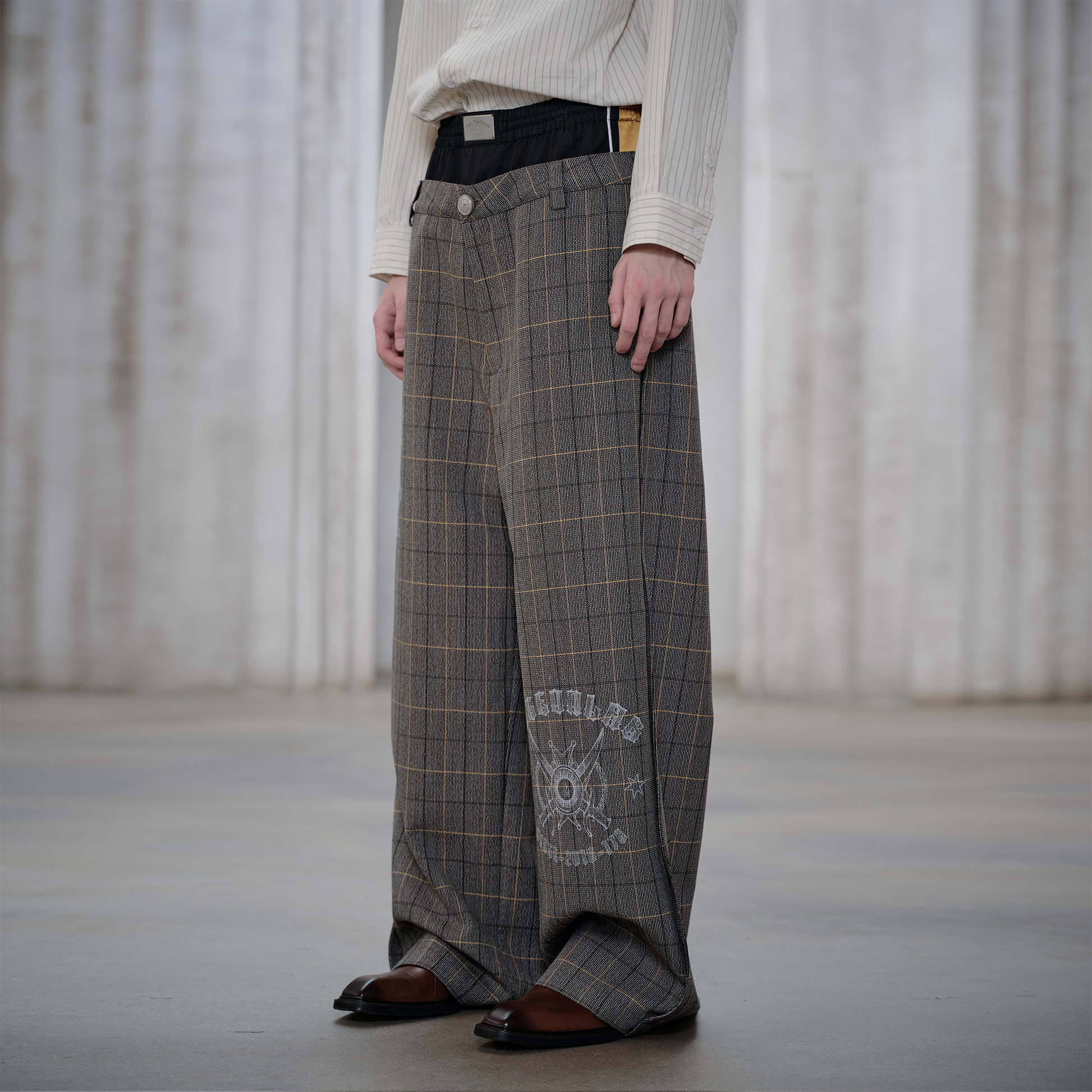 FACEONLAB Contrast Double-Waist Plaid Graphic Trousers-Pants-M (Preorder)-Free Shipping Leatheretro