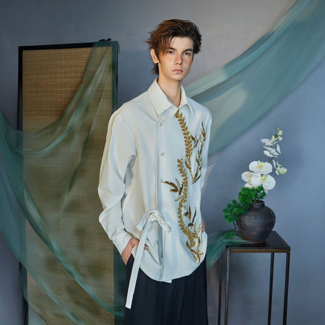 JIECHI Sequin Leaf Embroidered Asymmetrical Wrap Shirt-Shirt-M (Preorder)-Free Shipping Leatheretro