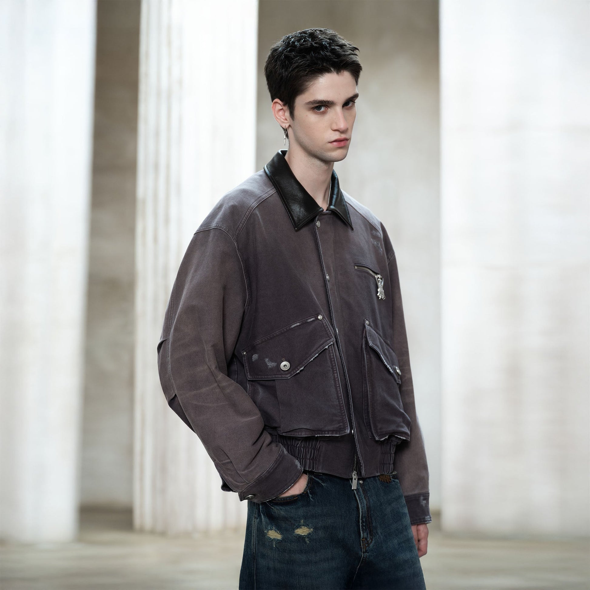 FACEONLAB Washed Gradient Utility Jacket Gray-Jacket-M-Free Shipping Leatheretro