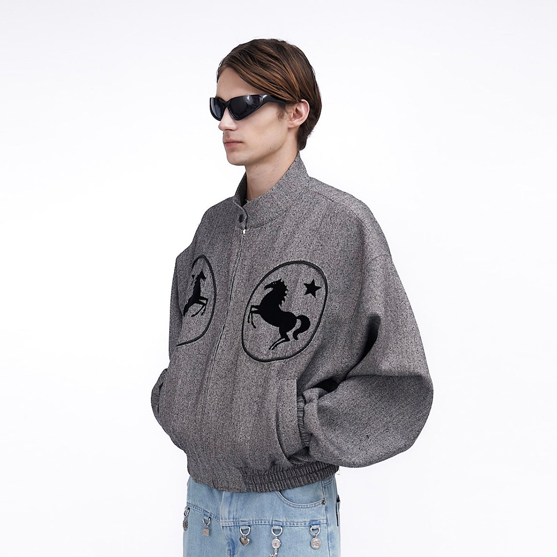 ASSEEN Horse Graphic Herringbone Bomber Jacket-Jacket-S-Free Shipping Leatheretro