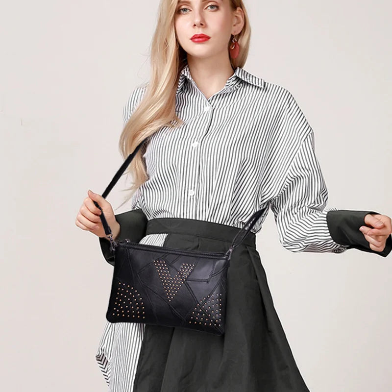 Women’s Black Rivet Shoulder Bag – Small Crossbody Messenger Handbag-Handbags-Black-Free Shipping Leatheretro
