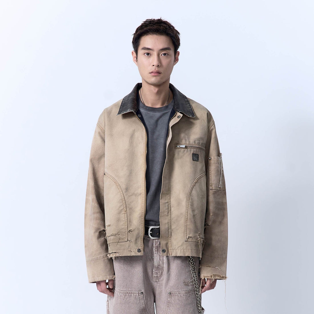 IN EXISTENCE Dirty-Washed Contrast Collar Detroit Jacket-Jacket-S-Khaki-Free Shipping Leatheretro