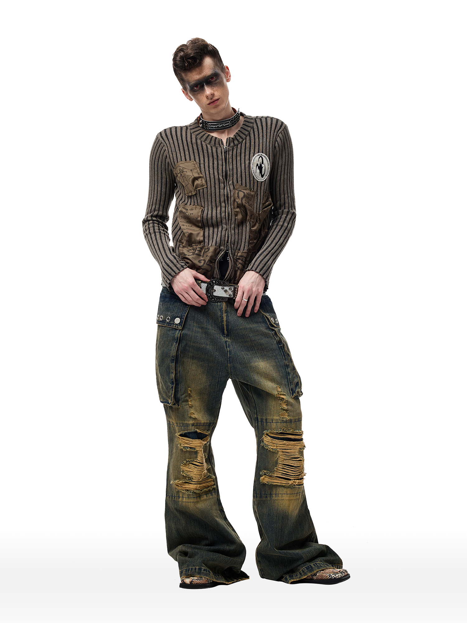 CYCYCY Distressed Big-Pocket Flared Jeans-Jeans-XXS / 27"-Free Shipping Leatheretro