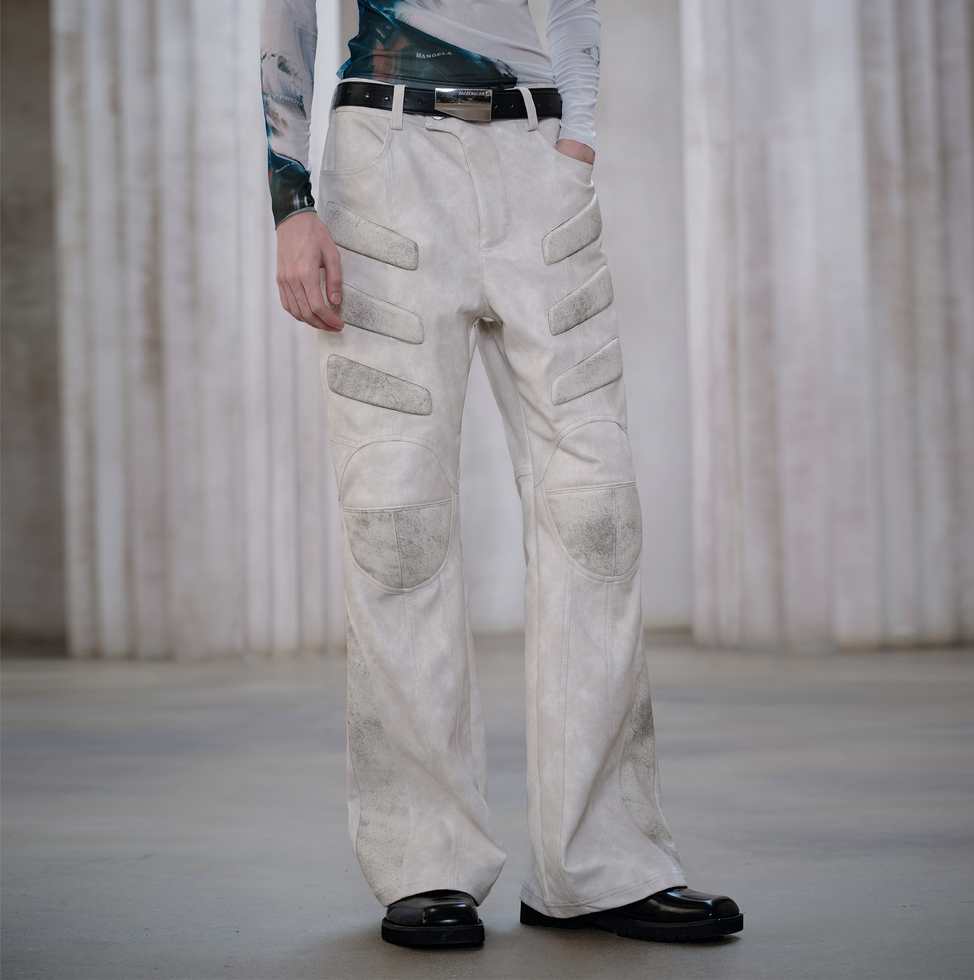 FACEONLAB Panel Armored Faux Leather Biker Pants White-Pants-M (Preorder)-Free Shipping Leatheretro