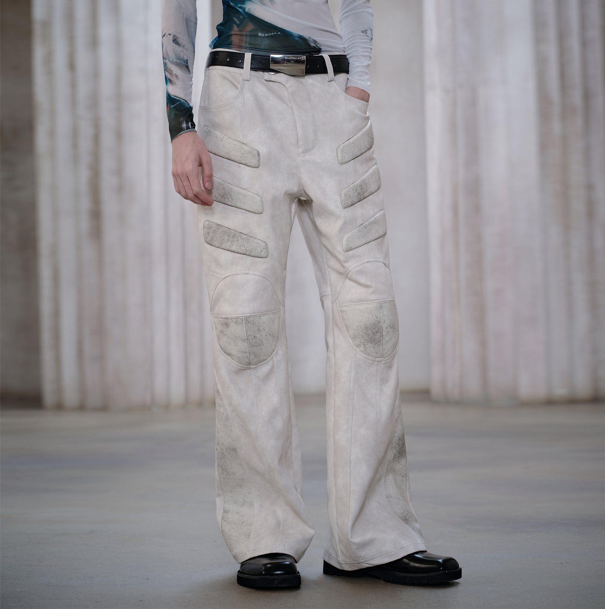 FACEONLAB Panel Armored Faux Leather Biker Pants White-Pants-M (Preorder)-Free Shipping Leatheretro