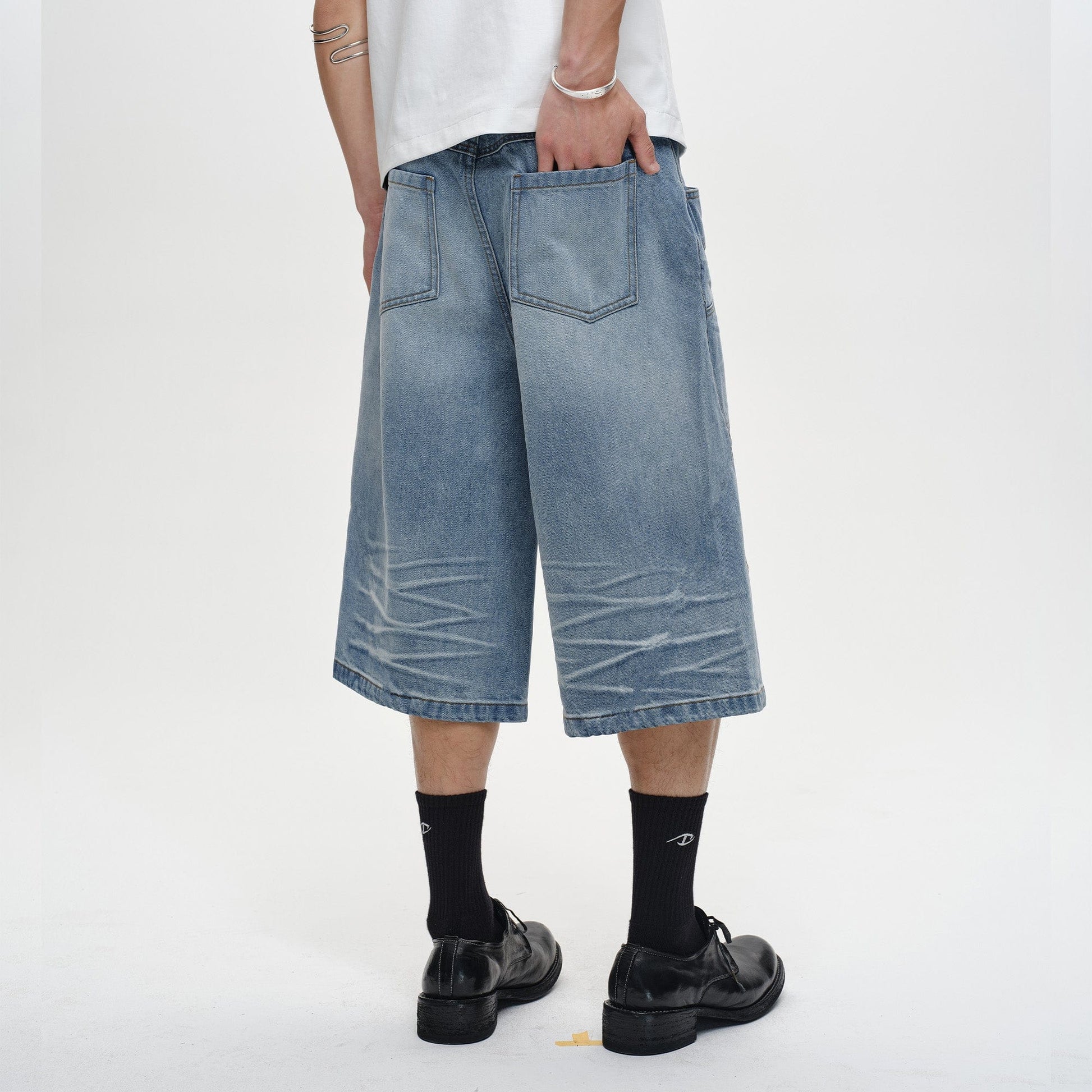 CATSSTAC Whisker-Wash Middle-Spliced Wide-Leg Shorts-Shorts-Blue-M-Free Shipping Leatheretro