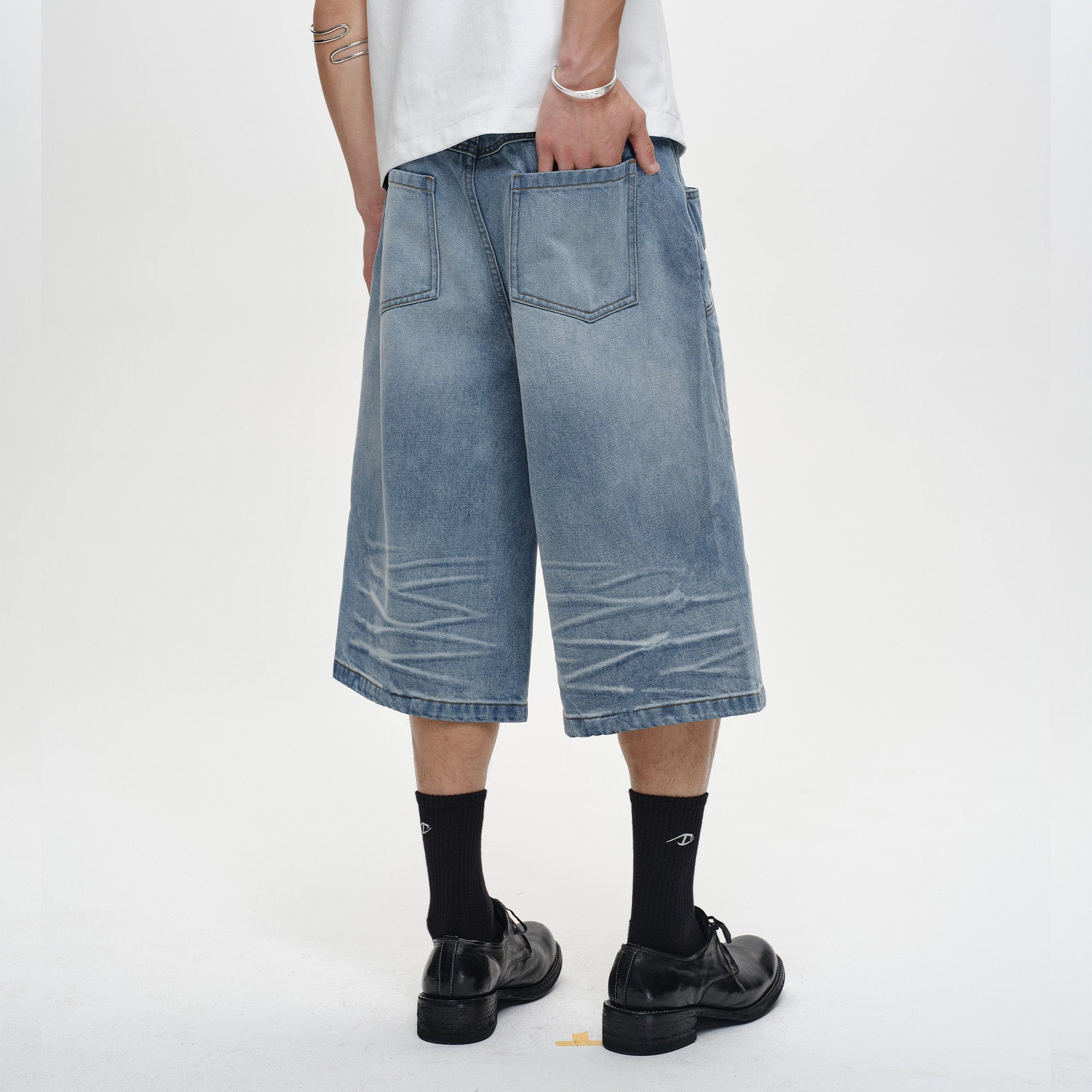 CATSSTAC Whisker-Wash Middle-Spliced Wide-Leg Shorts-Shorts-Blue-M-Free Shipping Leatheretro