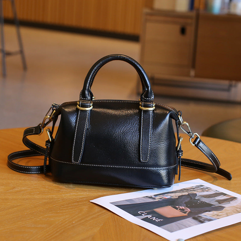 Genuine Leather Shoulder Messenger Bag - First Layer Cowhide Sandwich Zipper Bags-Messenger Bag-Black-Free Shipping Leatheretro