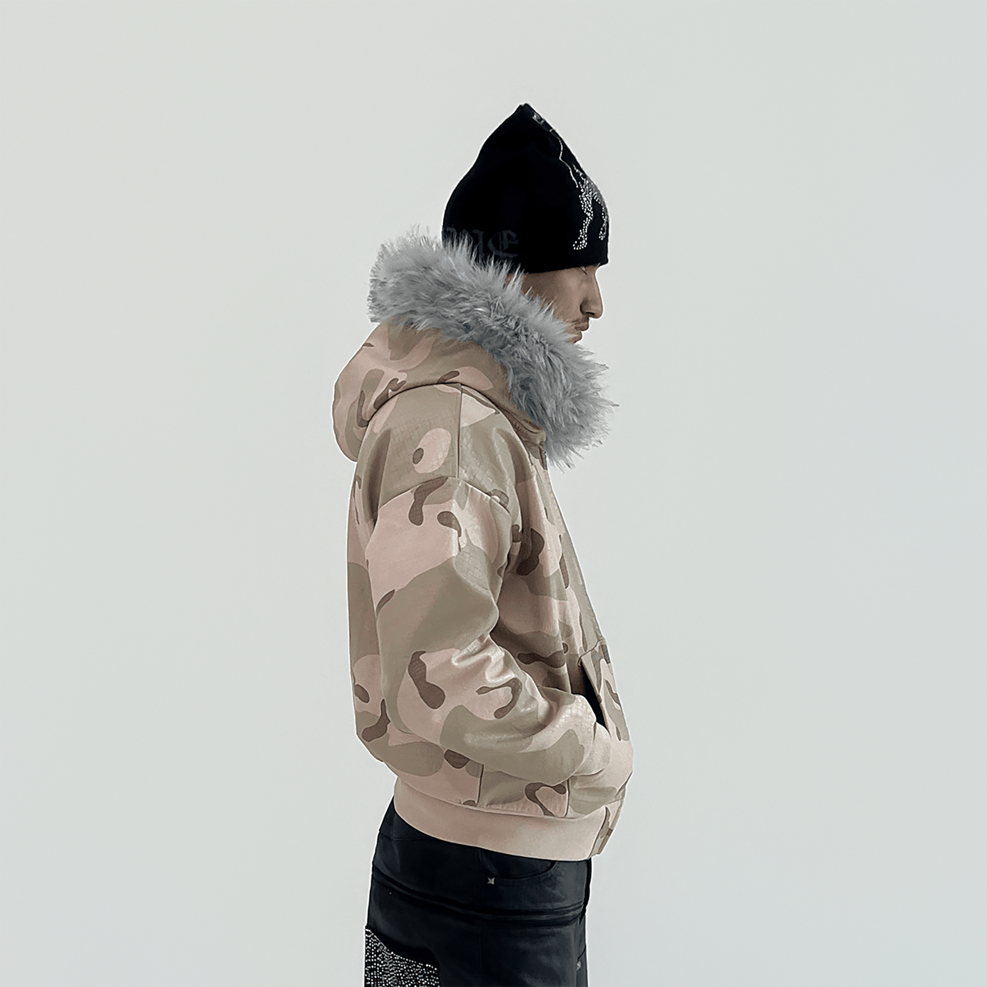 TECNINEGROUP Camo Waxed Faux Fur Hooded Jacket-Jacket-S-Free Shipping Leatheretro