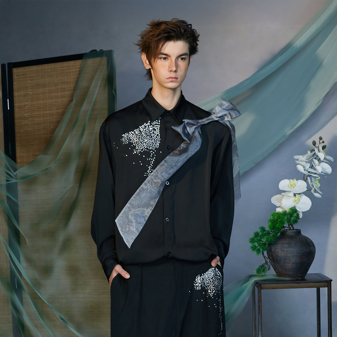 JIECHI Organza-Bow & Diamond Shirt-Shirt-M (Preorder)-Free Shipping Leatheretro