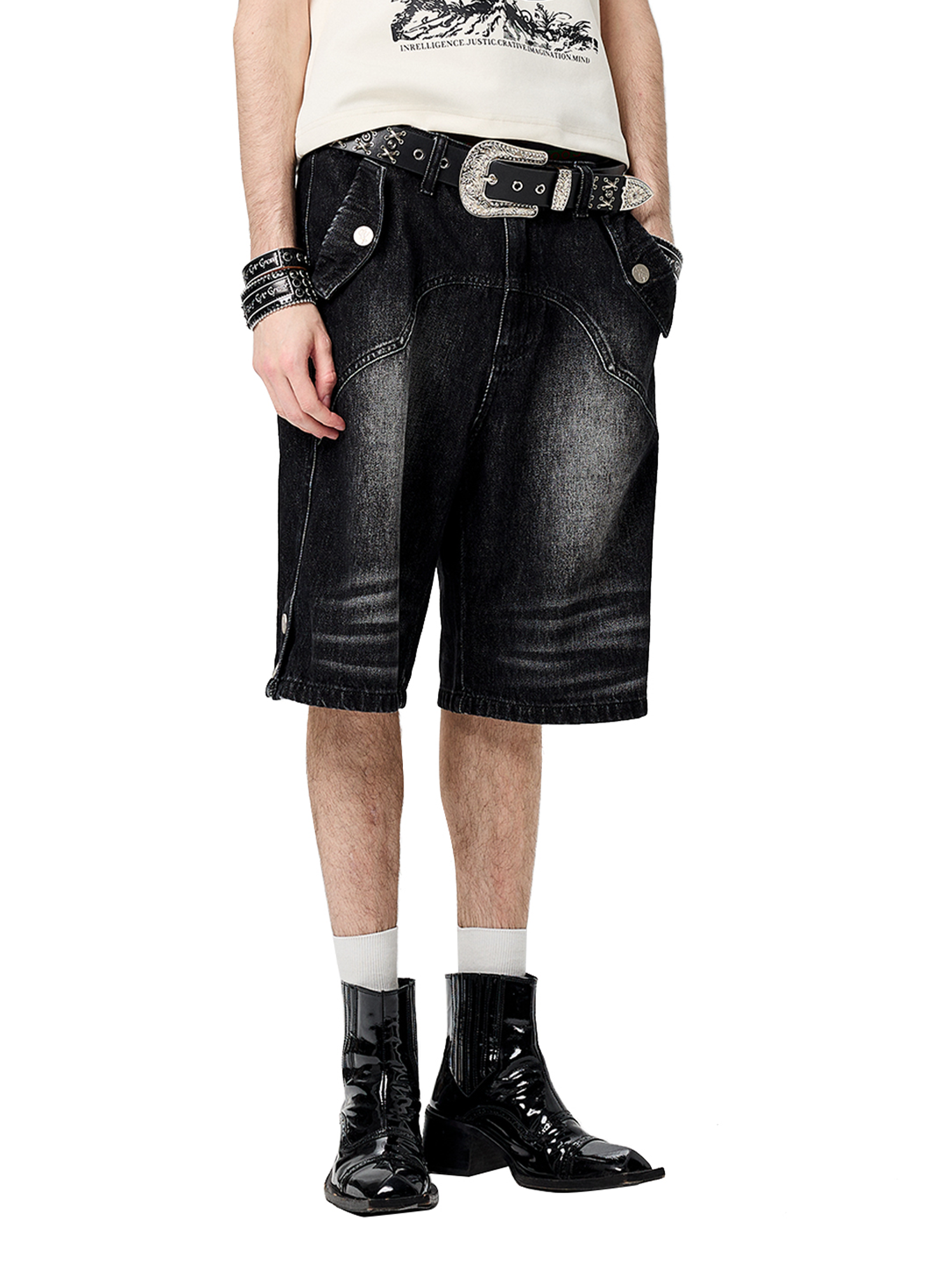 CYCYCY Retro Washed Paneled Denim Shorts-Shorts-XS / 28“-Free Shipping Leatheretro