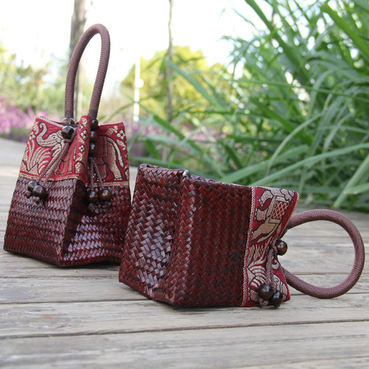 Handwoven Straw Tote Bag Mini Beach Bag for Vacation, Summer, and Resort Wear-Handbags-C011 coffee red-Free Shipping Leatheretro