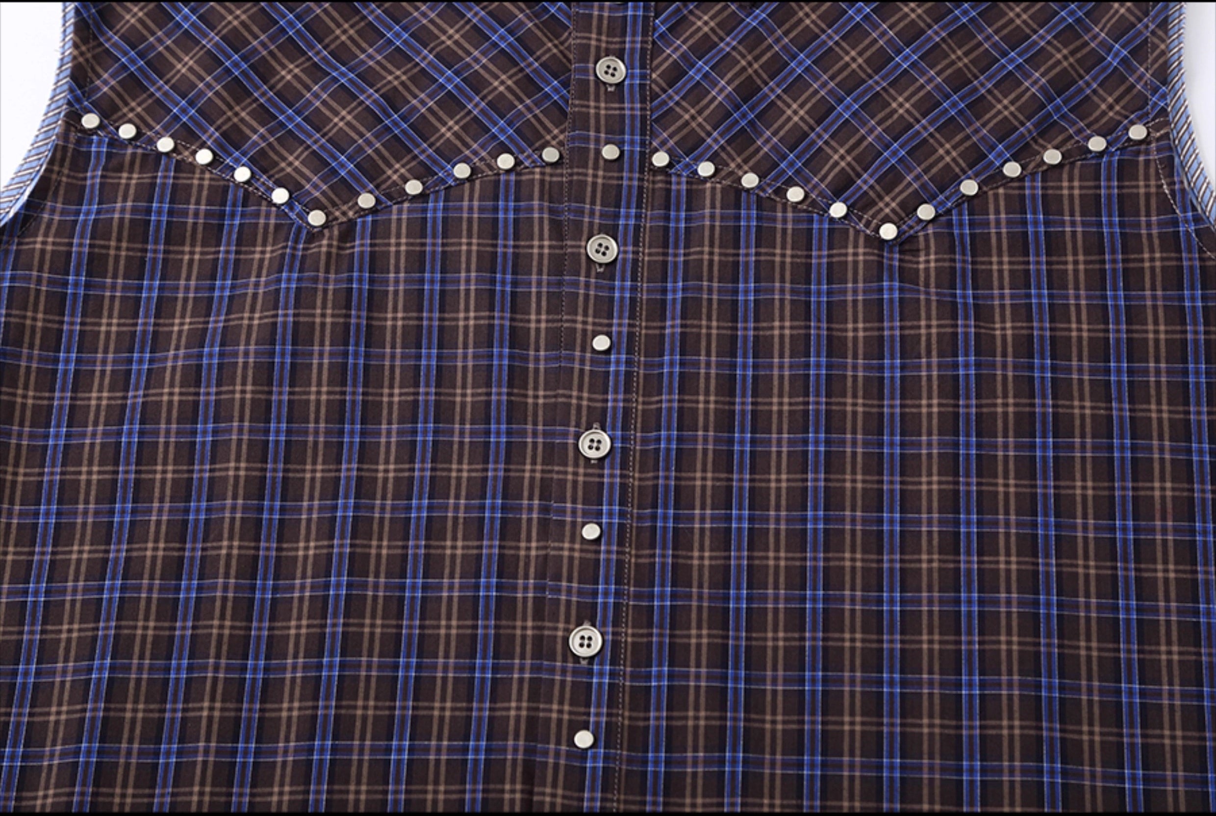 CLP Men's Blue Checkered & Striped Sleeveless Shirt Vest with Rivet Details-Blue-S-Free Shipping Leatheretro