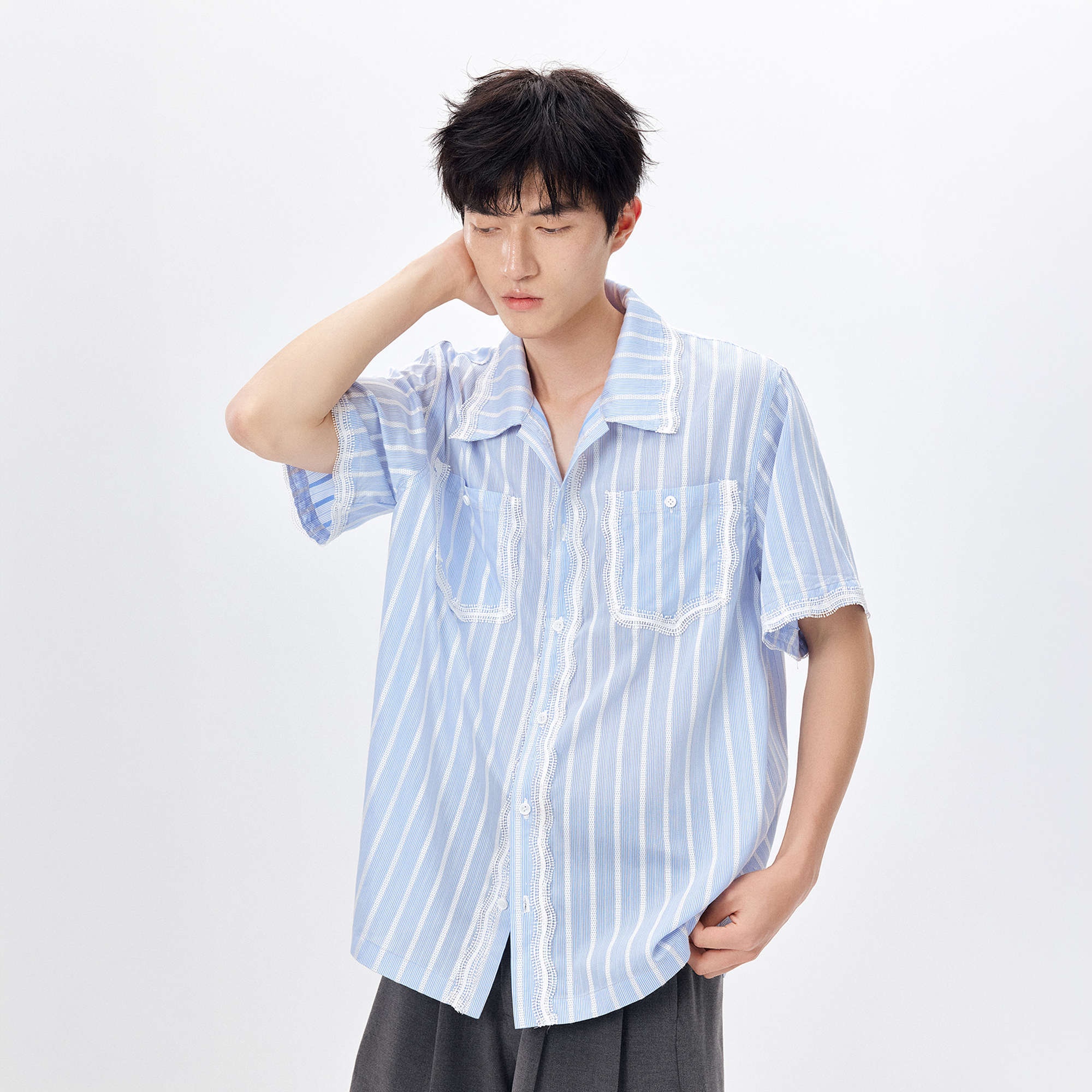 TUIMU Lace-Trim Striped Shirt-Half shirt-S-Free Shipping Leatheretro