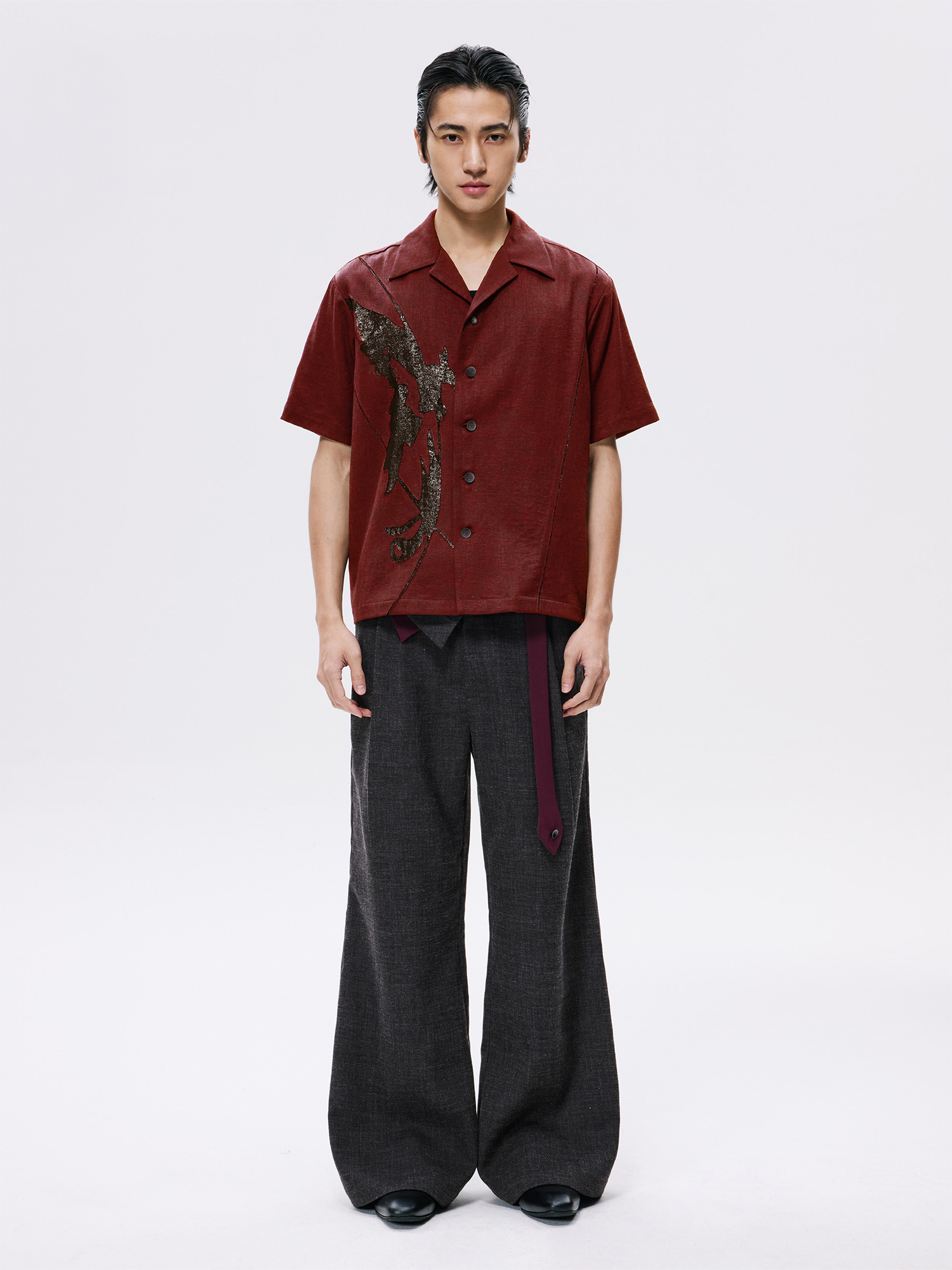 ALVNG AR ANTS Phoenix Mesh Paneled Linen-Blend Shirt-Half shirt-S-Red-Free Shipping Leatheretro