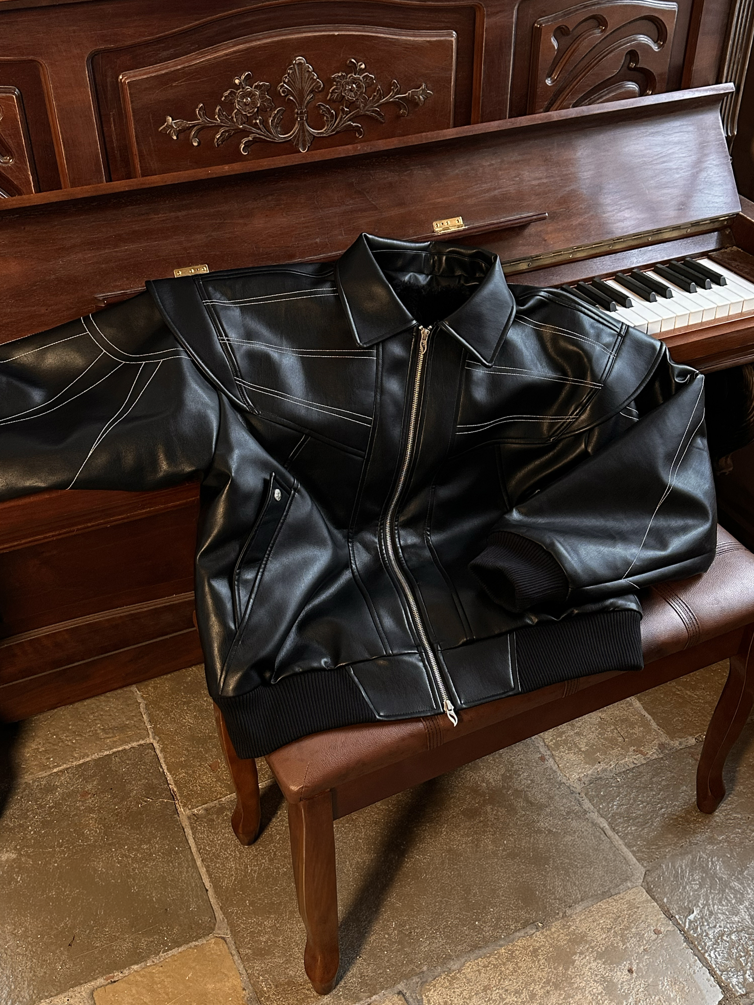 ESAIAS Deconstructed Stitch PU Jacket-Jacket-S-Free Shipping Leatheretro