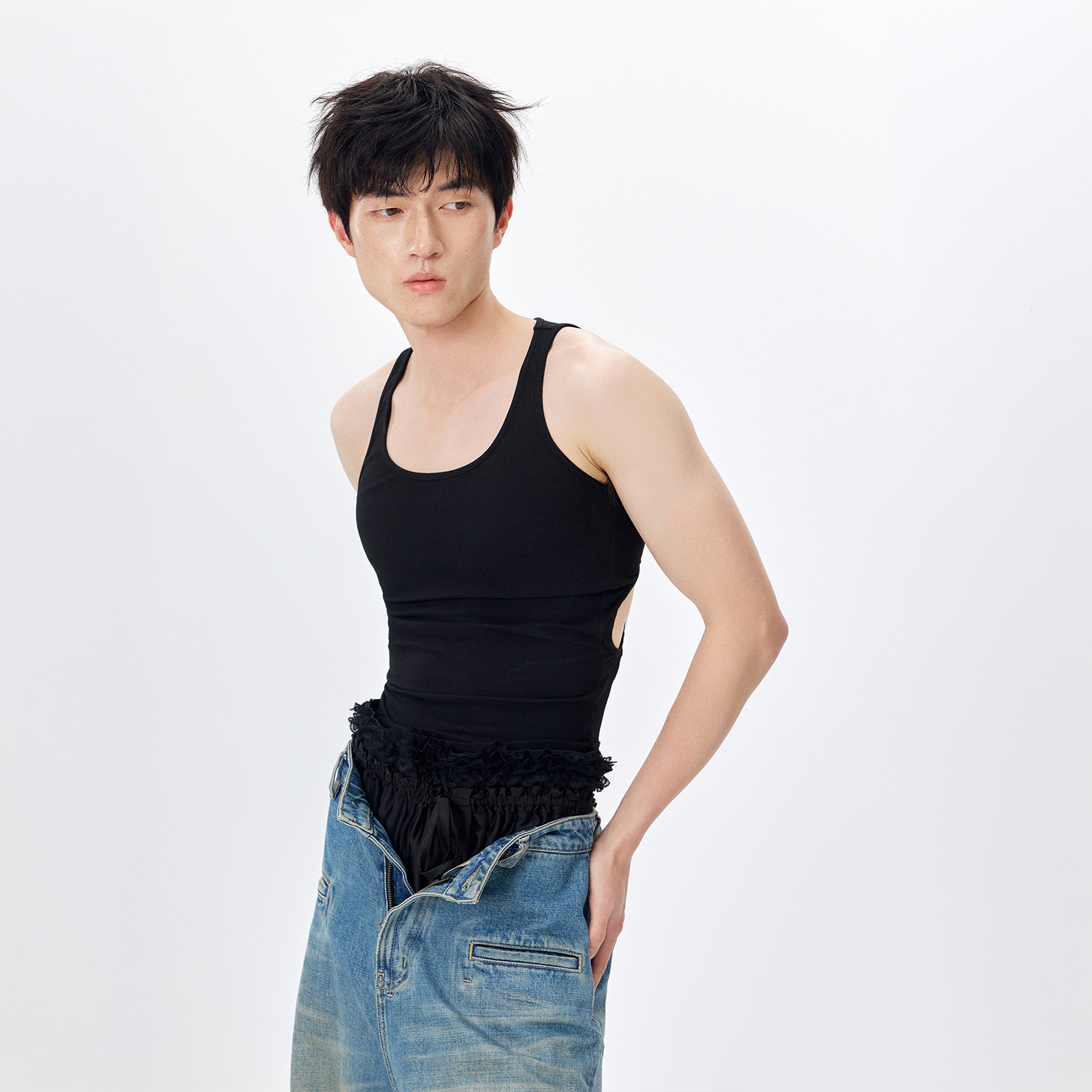 TUIMU Back Cut-Out Ribbed Tank Top Black-Tank Top-One Size-Free Shipping Leatheretro
